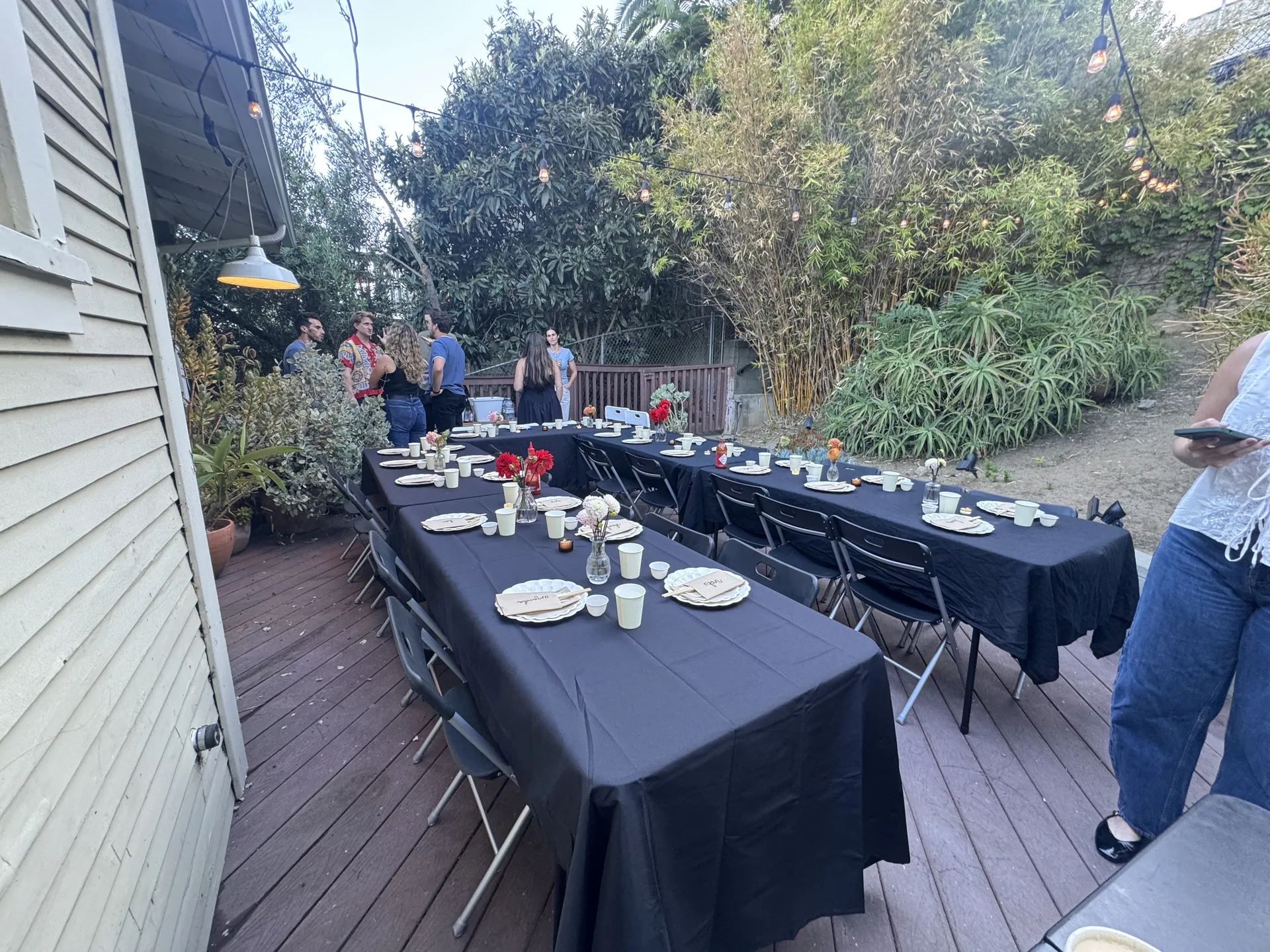 Long tables set for a large group hibachi meal