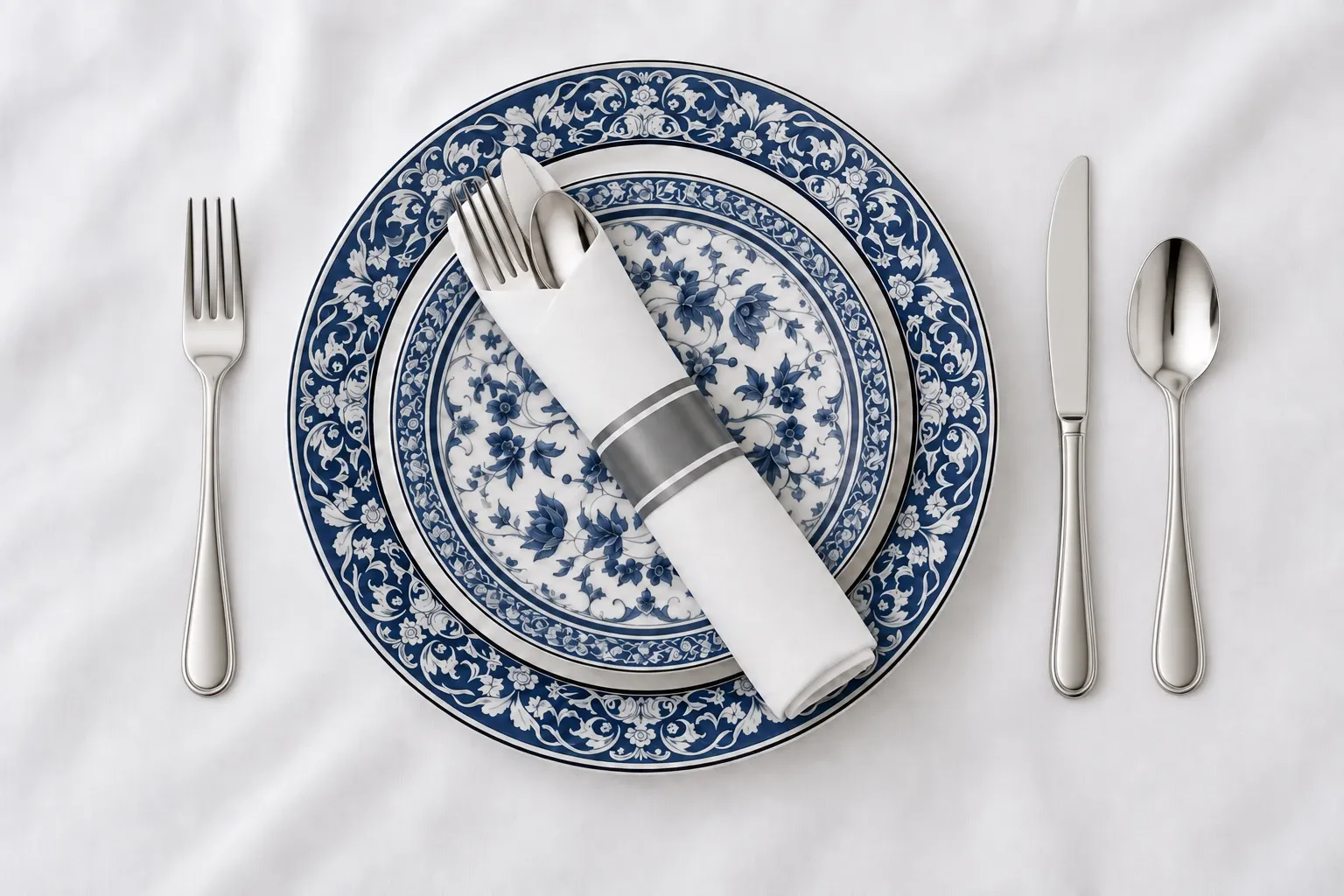 Blue-and-white porcelain-style plates with silver cutlery and a rolled white napkin on a white tablecloth