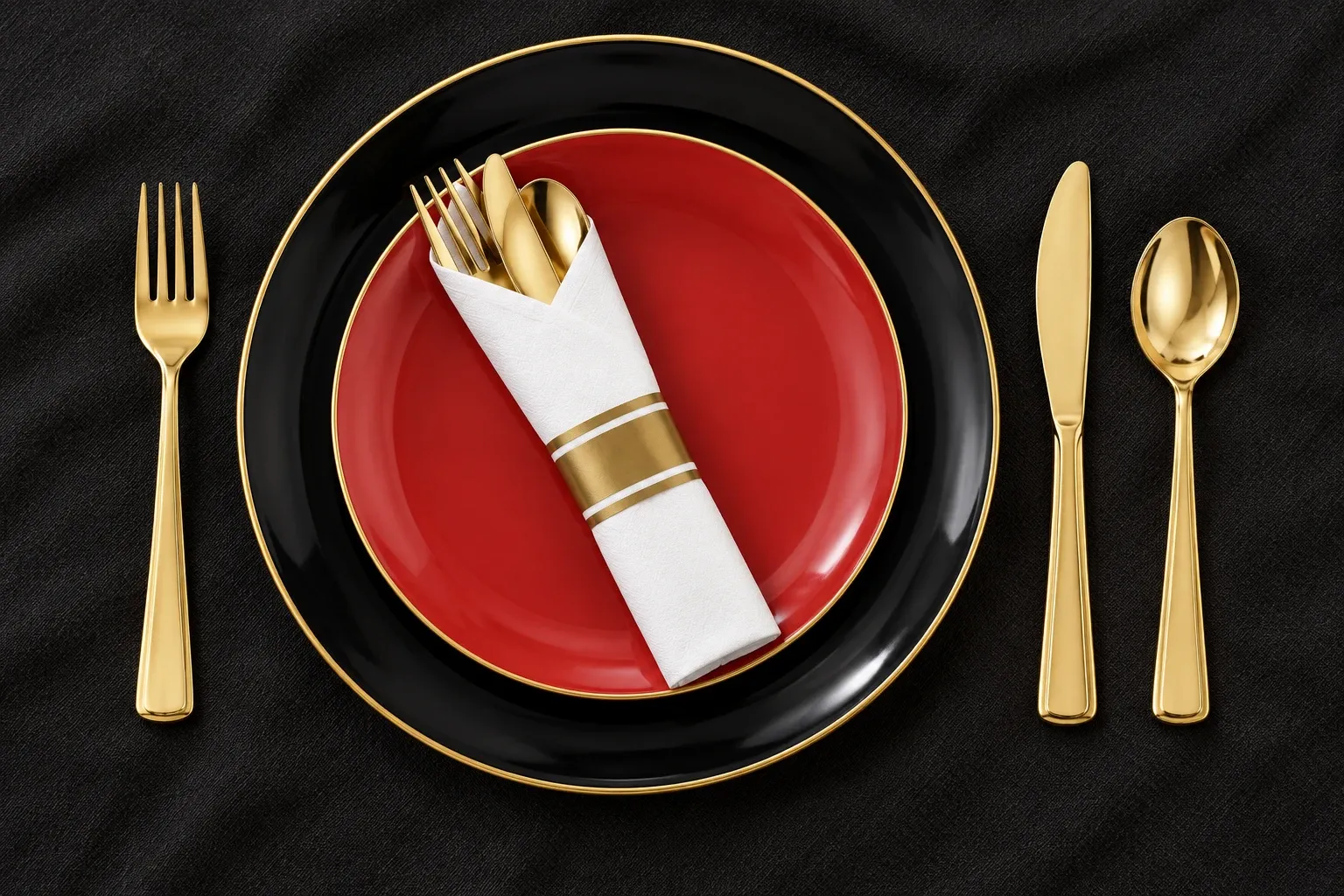 A red plate on a black gold-rim charger with gold cutlery and a white napkin on a black tablecloth