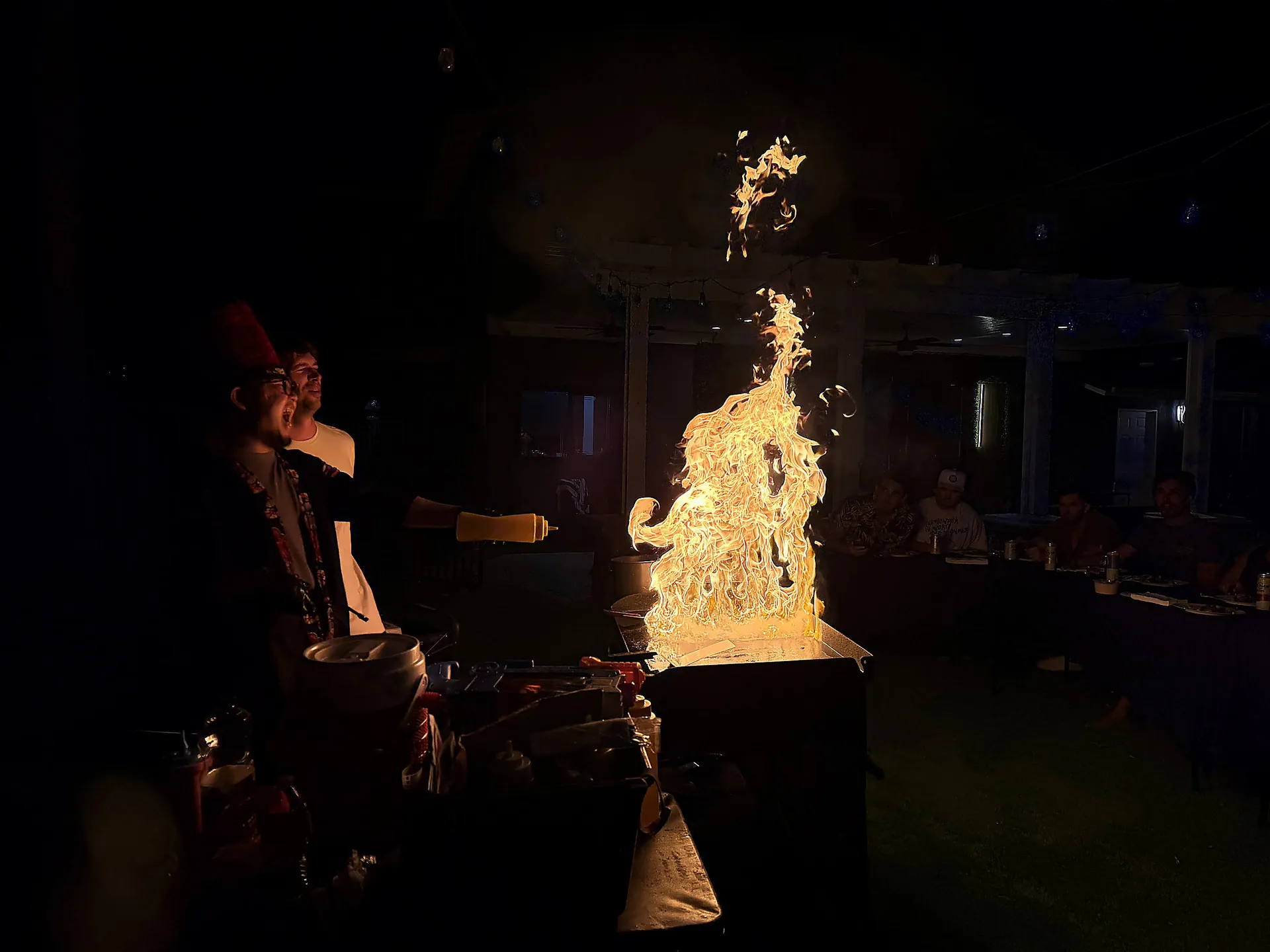 Live hibachi fire show at a backyard party — hibachi at home in Idyllwild